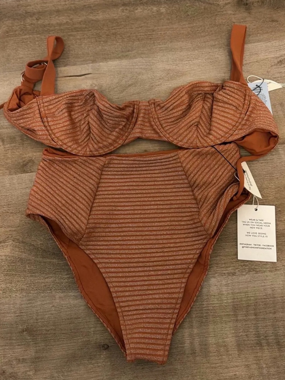 High-Waist Rust Ribbed Bikini Set - Women's Swim